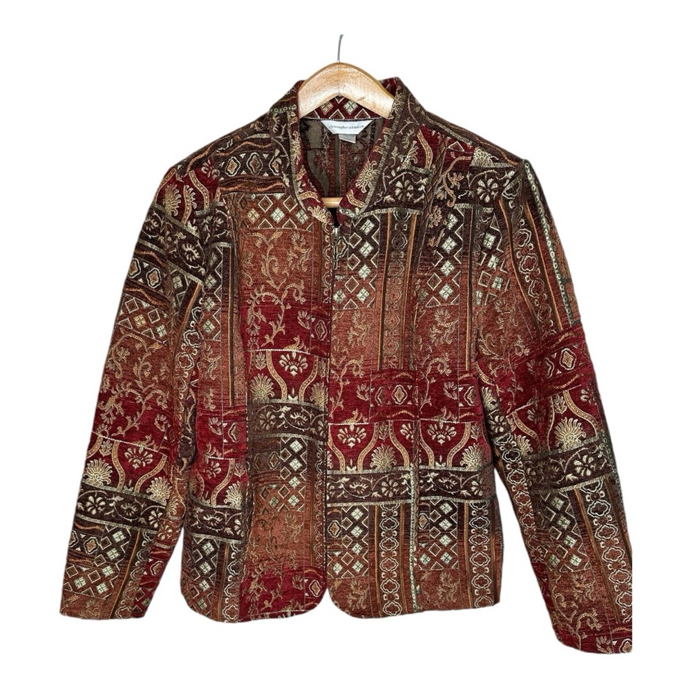 Christopher & Banks Brocade Tapestry Jacket Size XL Burgundy Gold Chenille
